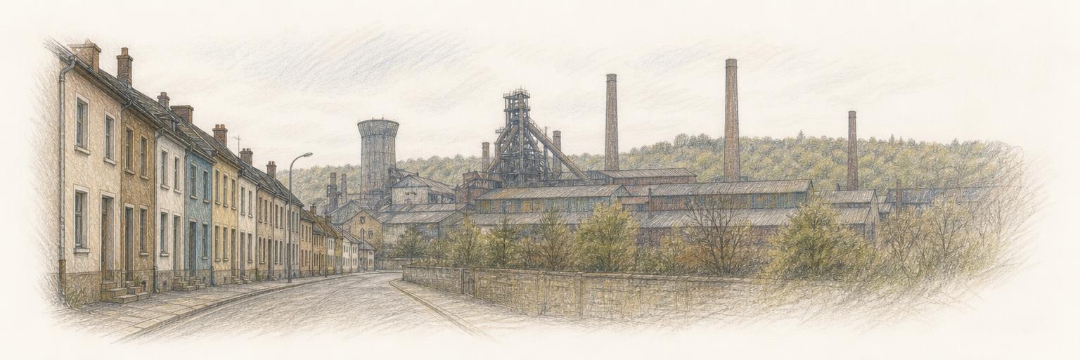 Le laminoir d'ArcelorMittal à Differdange, ses longs halls et ses cheminées dressés juste derrière les toits des maisons de Fousbann, avec le plateau boisé au loin.