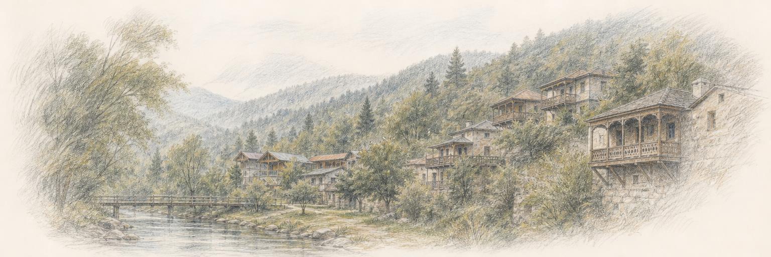 A colored-pencil sketch of Old Dilijan's tufa-stone houses with carved wooden balconies climbing a forested slope above the Aghstev river.