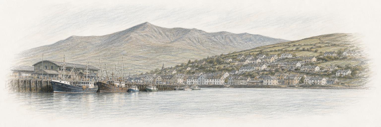 Fishing boats moored at the pier in Dingle's sheltered harbour, with the town climbing the hillside behind and Mount Brandon on the horizon.