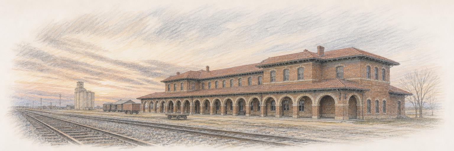 The 1898 Santa Fe Depot in Dodge City seen across the railroad tracks, the rails running away to the left under a wide, dust-hazed plains sky.