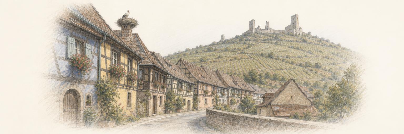 Croquis au crayon de couleur des maisons à colombages fleuries suivant l'anneau des remparts d'Eguisheim, avec un nid de cigogne sur un toit et les vignes en arrière-plan.