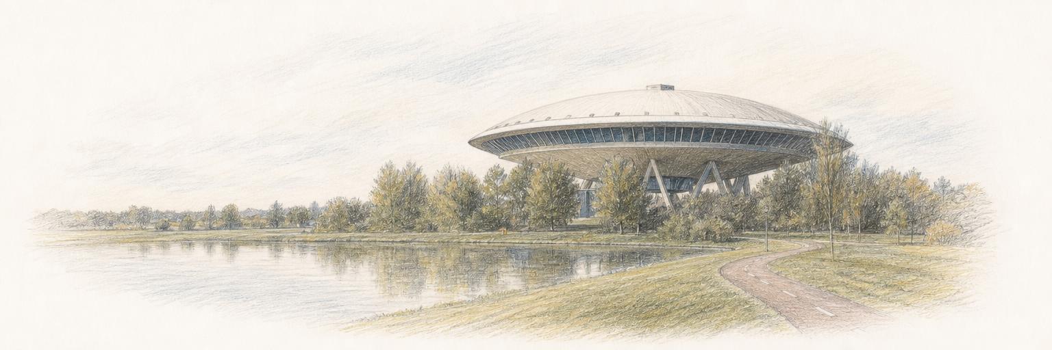 The Evoluon, Eindhoven's flying-saucer former Philips science building, raised on concrete pillars beside a reflecting pool.
