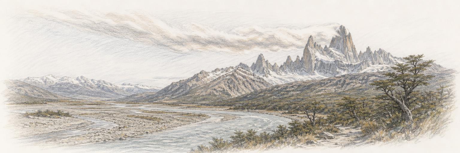 El cerro Fitz Roy y sus agujas de granito con el penacho de nubes empujado por el viento — la montaña humeante que da nombre al pueblo — sobre el amplio valle del Río de las Vueltas, con lengas y matas bajas en primer plano.