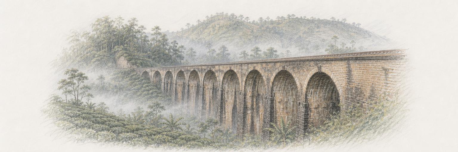 A sketch of the Nine Arches Bridge near Ella, its brick arches curving across a misty tea-covered valley with no train on the line.