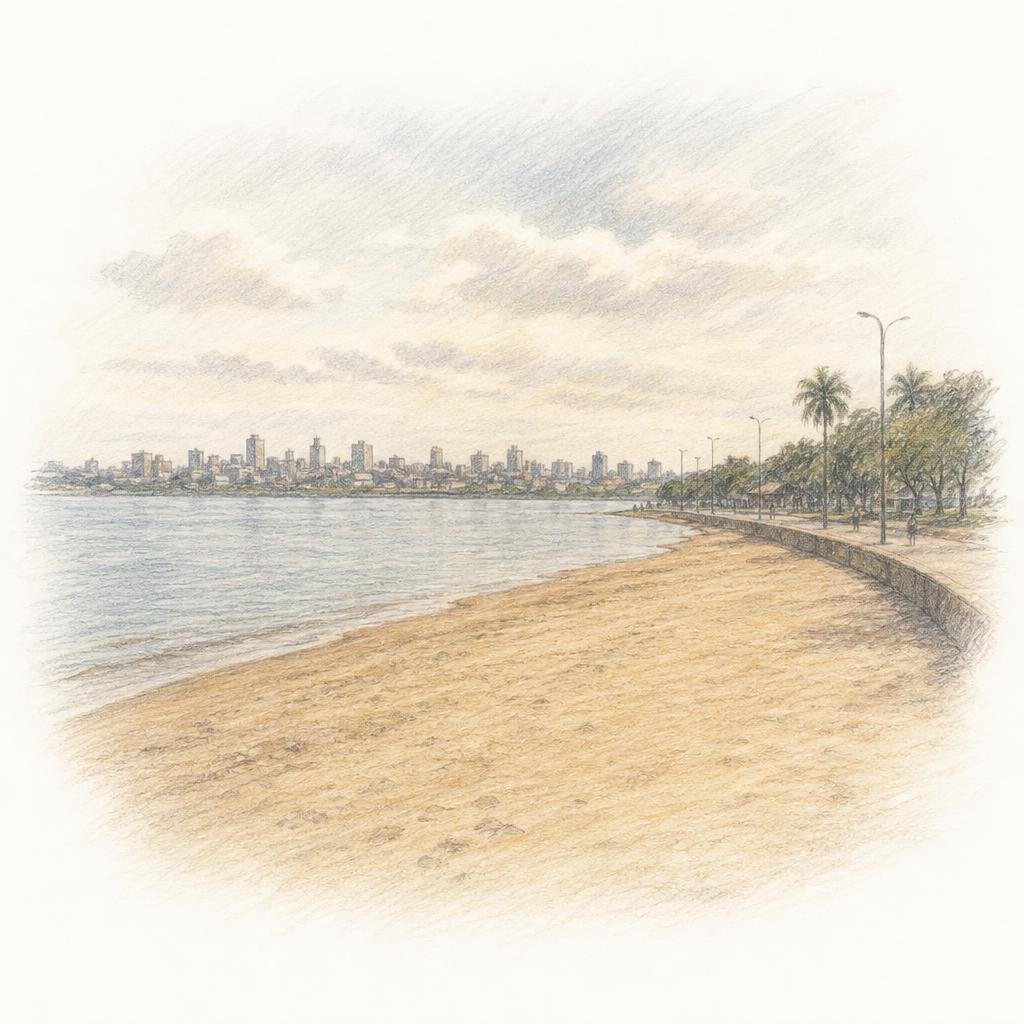 La playa San José sobre el río Paraná, con la costanera curvándose detrás y la silueta baja de Posadas del otro lado del agua.