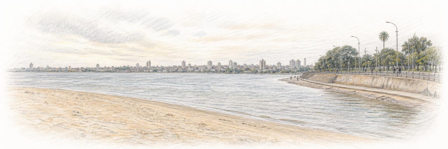La playa San José sobre el río Paraná, con la costanera curvándose detrás a la derecha y la silueta baja de Posadas al otro lado del agua.