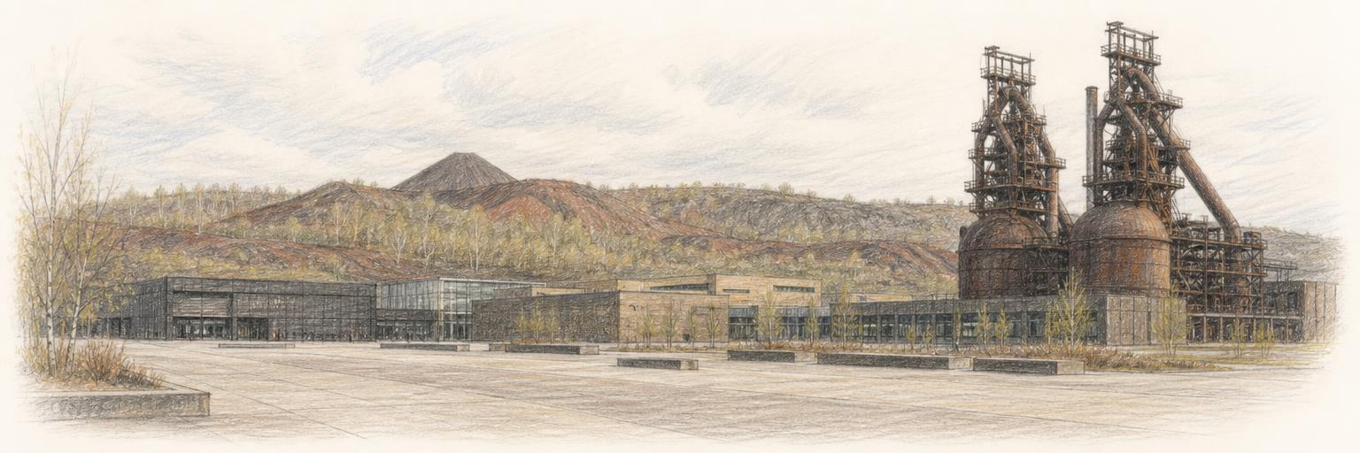 Croquis des deux hauts fourneaux conservés de Belval, à droite, au-dessus des bâtiments bas du campus, avec les pentes rouges du Minett à l'arrière-plan et l'esplanade vide au premier plan.