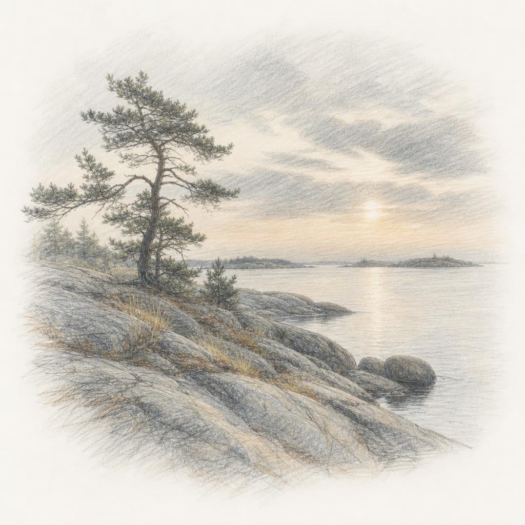 A colored-pencil sketch of a rocky Baltic shoreline in Espoo's archipelago, pines on granite at dusk.