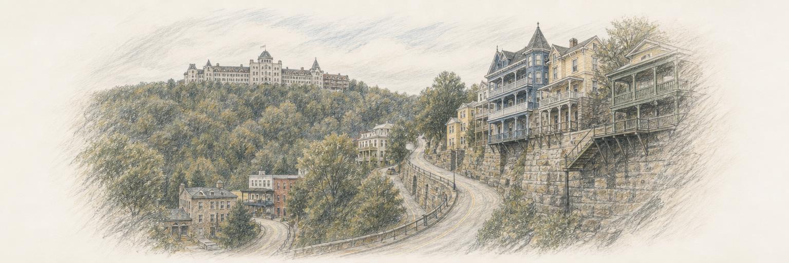 Eureka Springs' Victorian buildings rising in tiers up a narrow wooded Ozark valley, with the Crescent Hotel on the ridge above.
