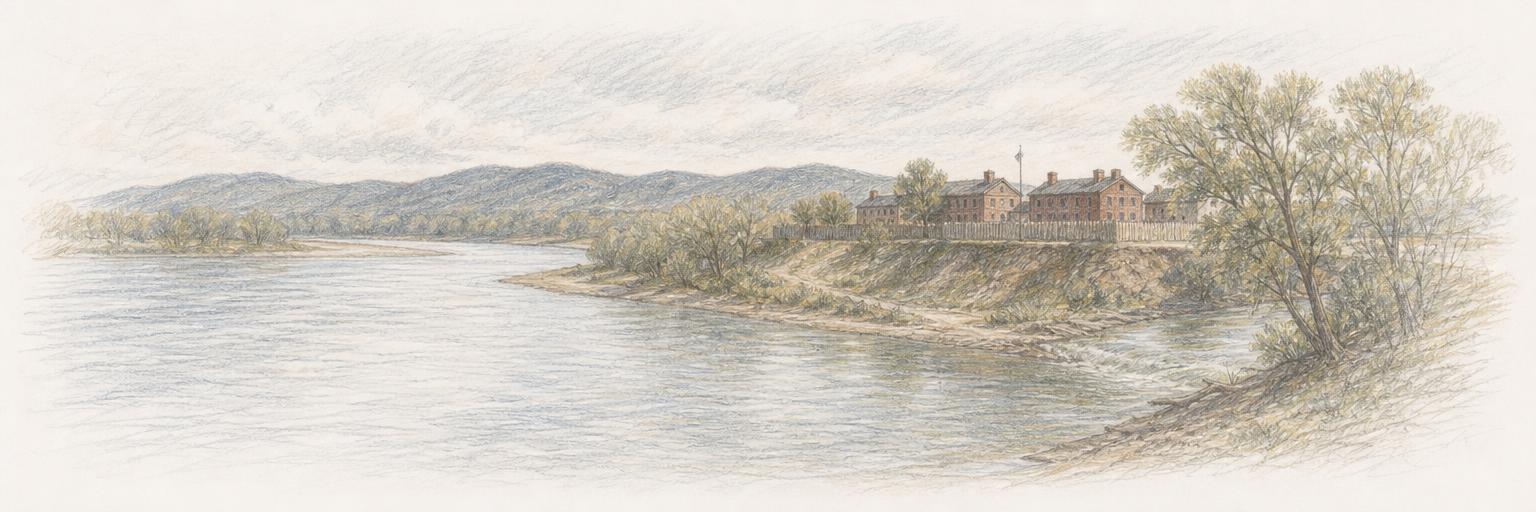 The old frontier fort's brick buildings on the bluff above the confluence of the Poteau and Arkansas rivers.