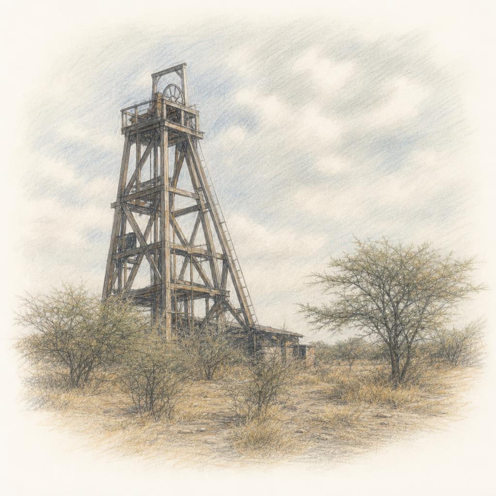 The old wooden headgear of the Monarch gold mine on the edge of Francistown, where southern Africa's first gold rush began.