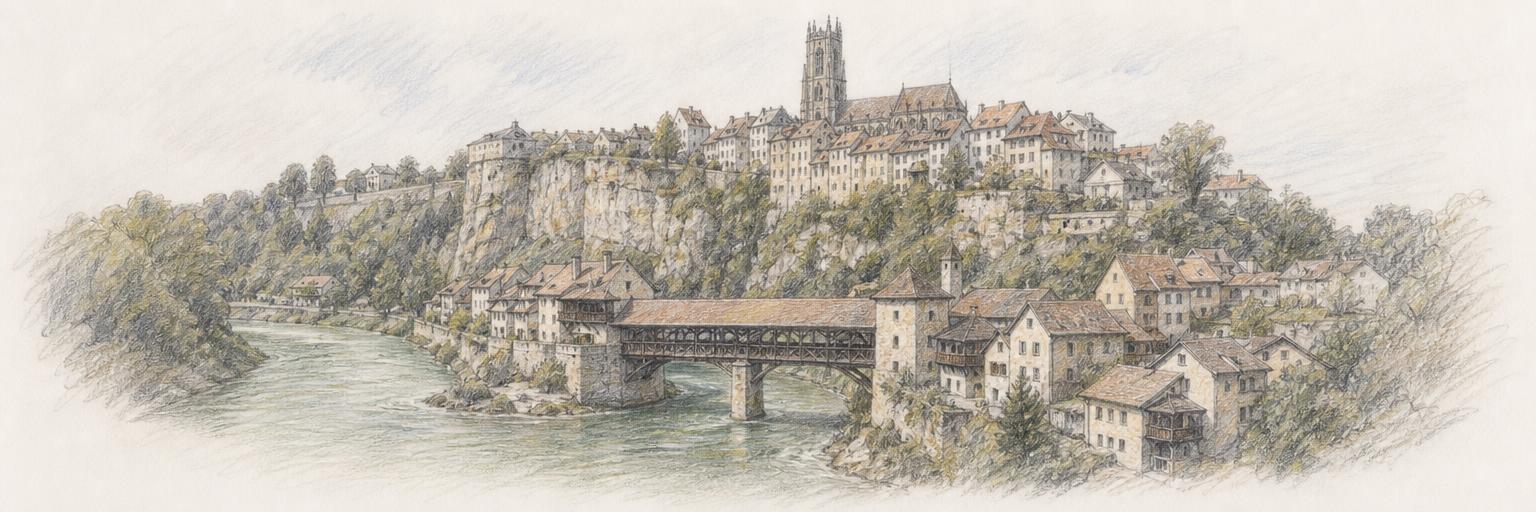 Dessin au crayon de couleur de Fribourg lovée dans la boucle de la Sarine, avec la Basse-Ville et le pont de Berne couvert au bord de l'eau et la ville haute surmontée de la tour de la cathédrale Saint-Nicolas.