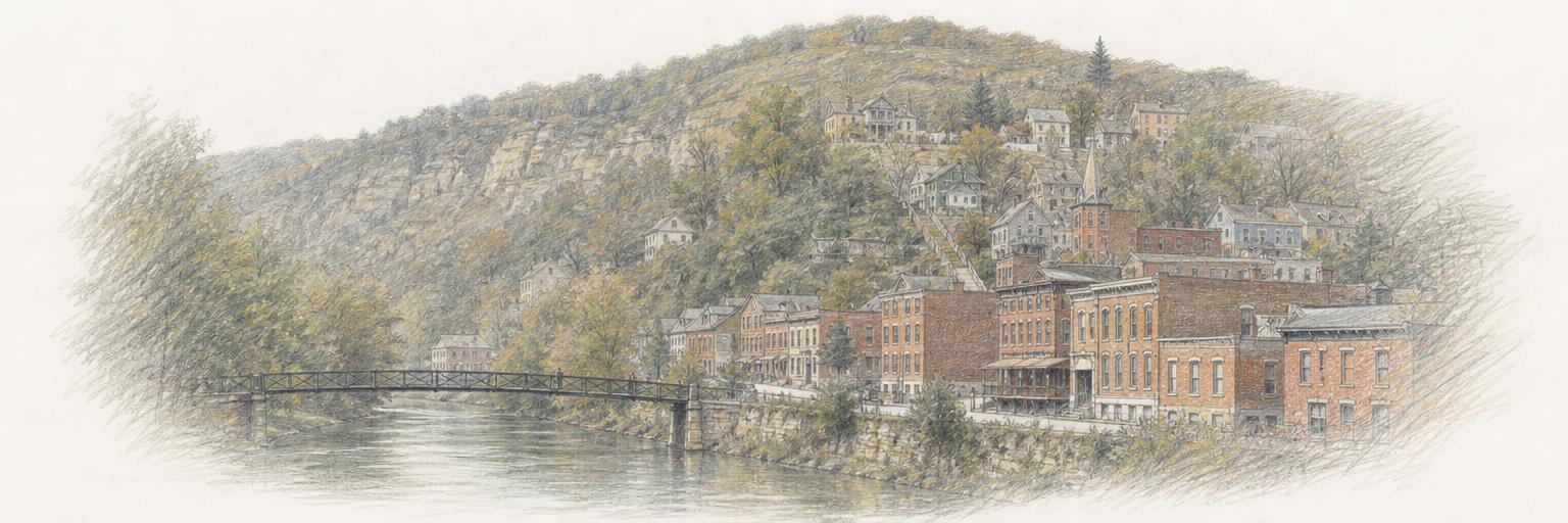 Galena's red-brick riverfront and a footbridge over the Galena River, with streets and stairways climbing the steep wooded Driftless hillside behind.