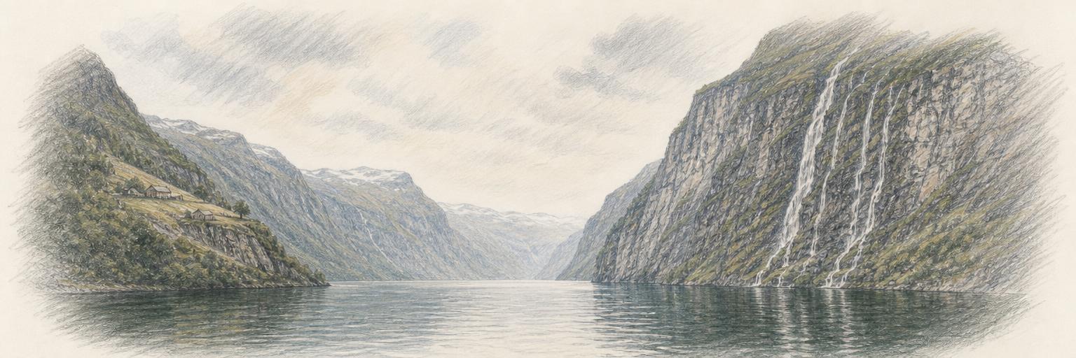 De syv søstrene faller ned den stupbratte fjellveggen i Geirangerfjorden, med fjellgården Skageflå på hylla på motsatt side og stille fjordvann i forgrunnen.