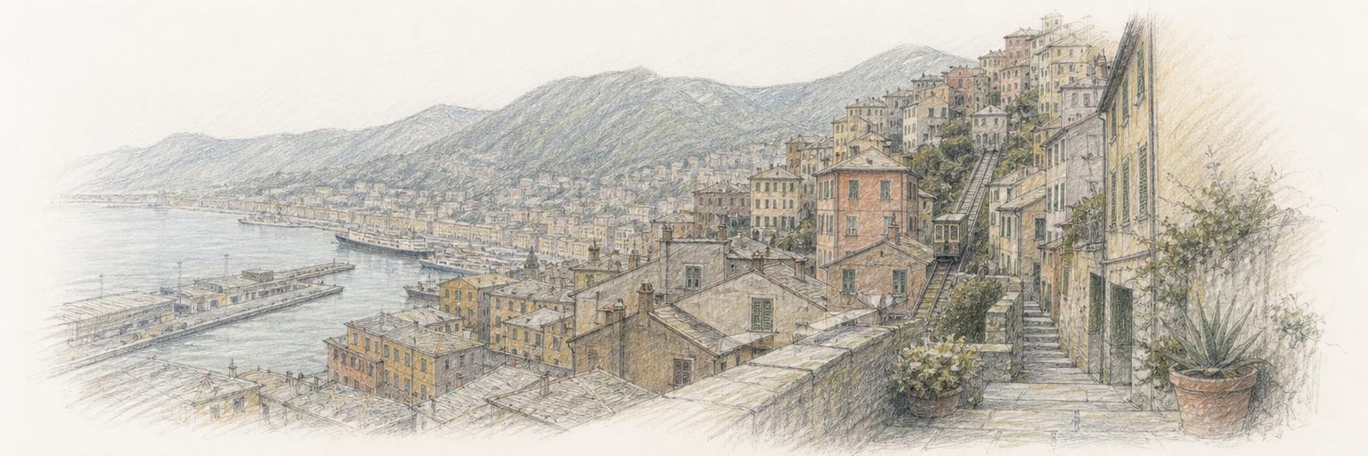 A funicular car climbing its track between the tall stacked houses of Genoa's hillside, with the harbour and its quays stretching away below.