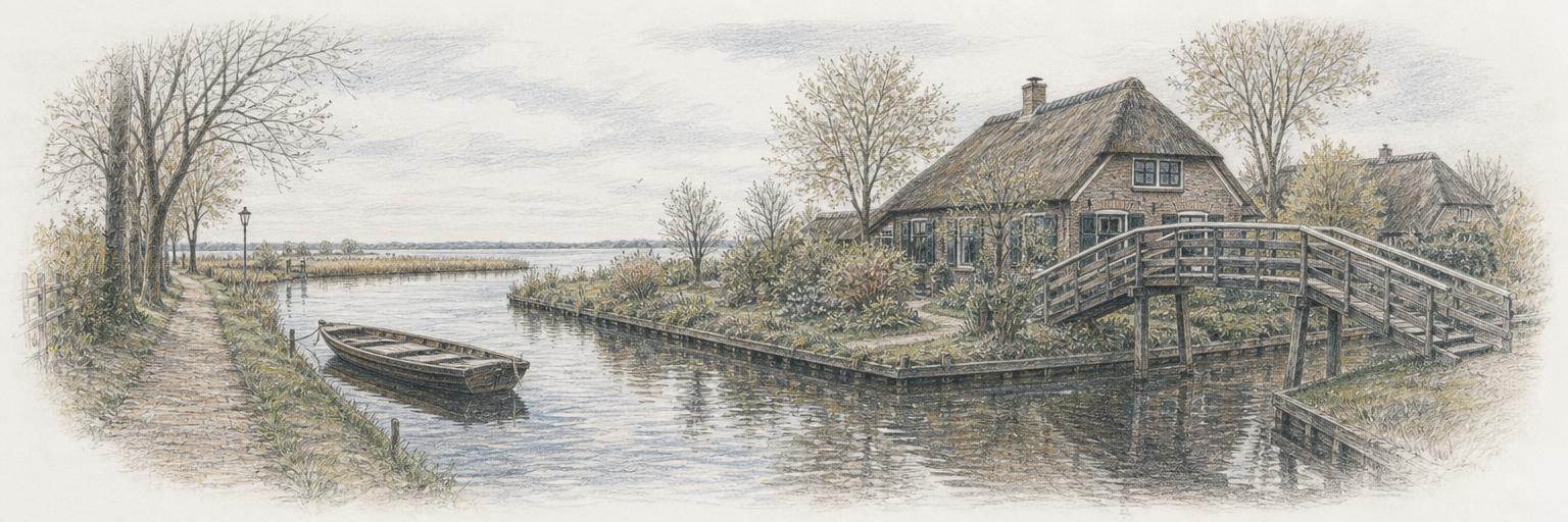 A wooden punter moored on Giethoorn's village canal, with a high-arched footbridge crossing to a thatched farmhouse on its own island and reed beds in the distance.
