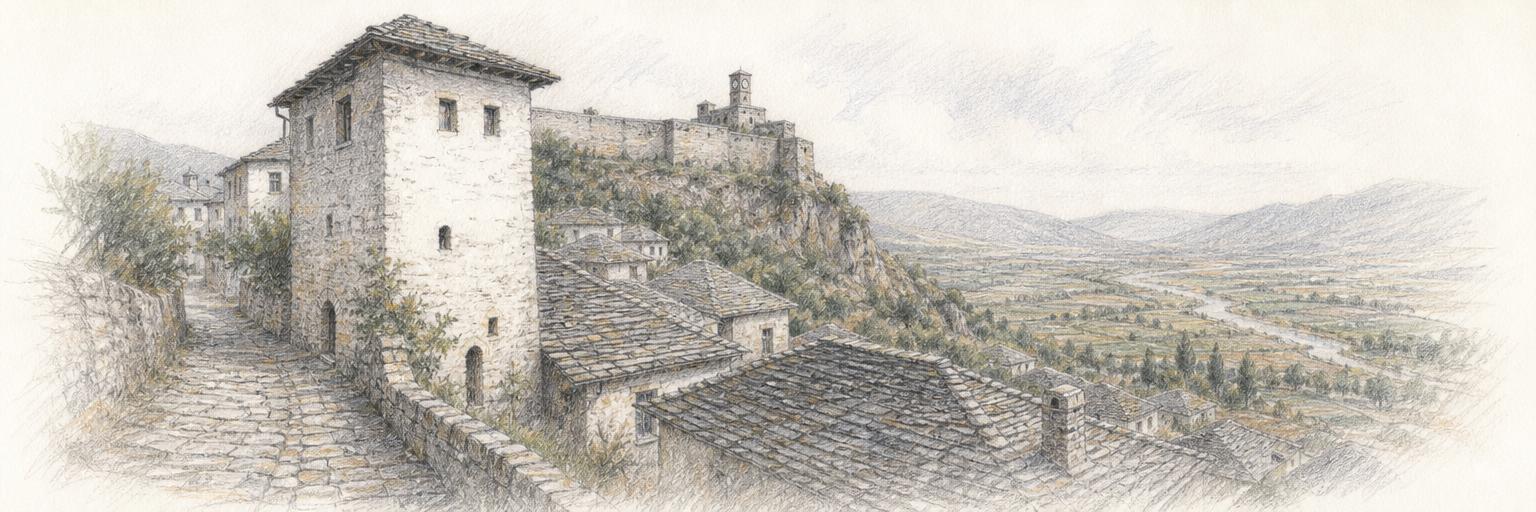 Grey stone-slab roofs of Gjirokastër's Ottoman tower houses stepping down the hillside below the castle ridge, with the Drino valley beyond.