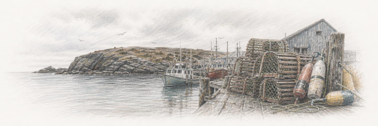 Glace Bay's working Atlantic fishing harbour, with wooden lobster traps stacked on the wharf, boats at their moorings, and a low headland beyond.