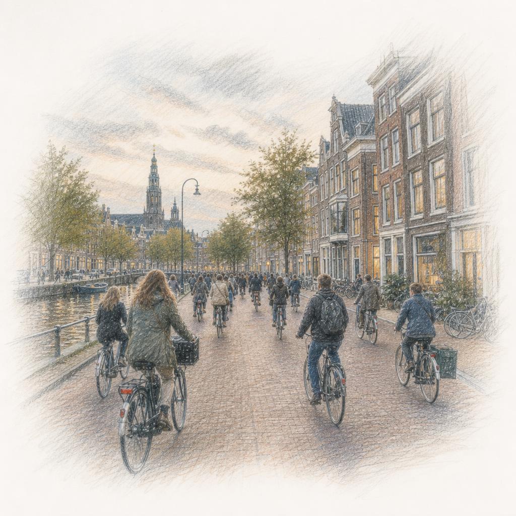 Fietsers in de avondspits op een breed fietspad in Groningen, met bakstenen gevels en een gracht op de achtergrond.