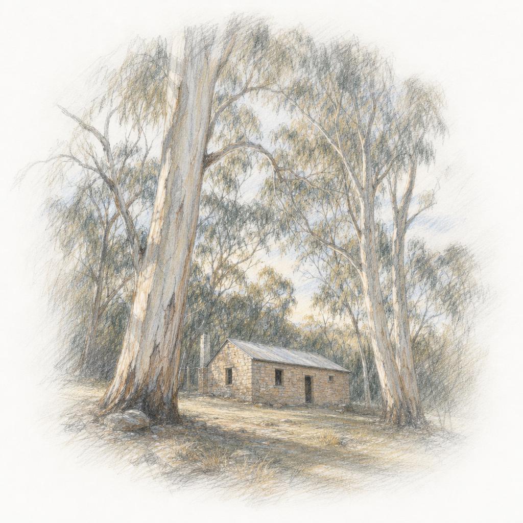 Colored-pencil sketch of The Cedars, Hans Heysen's studio near Hahndorf, beneath tall gum trees.