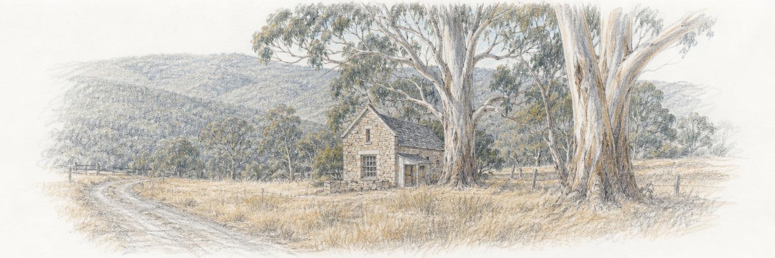 Hans Heysen's small stone studio at The Cedars near Hahndorf, standing under towering pale-trunked gum trees with the Adelaide Hills behind.