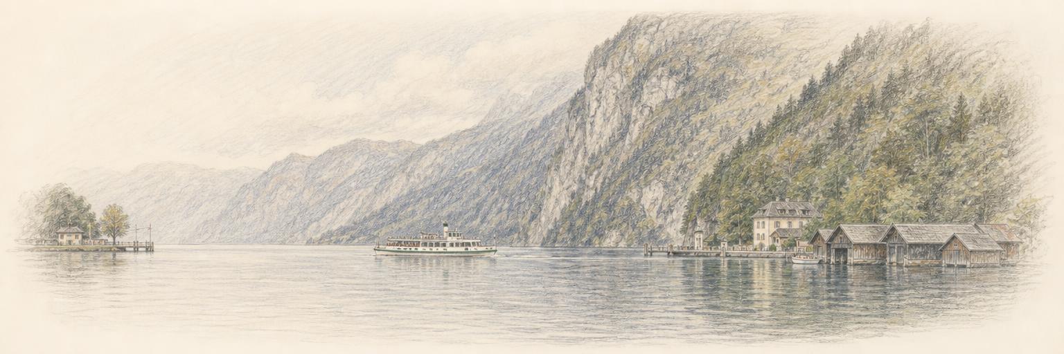 The Stefanie ferry crossing the Hallstättersee from the lakeside railway halt toward the village landing, with boathouses and steep wooded cliffs on the far shore.