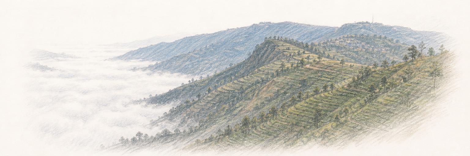 Morning fog fills the valley below Haputale's steep tea-terraced ridge, with far hills toward Idalgashinna.