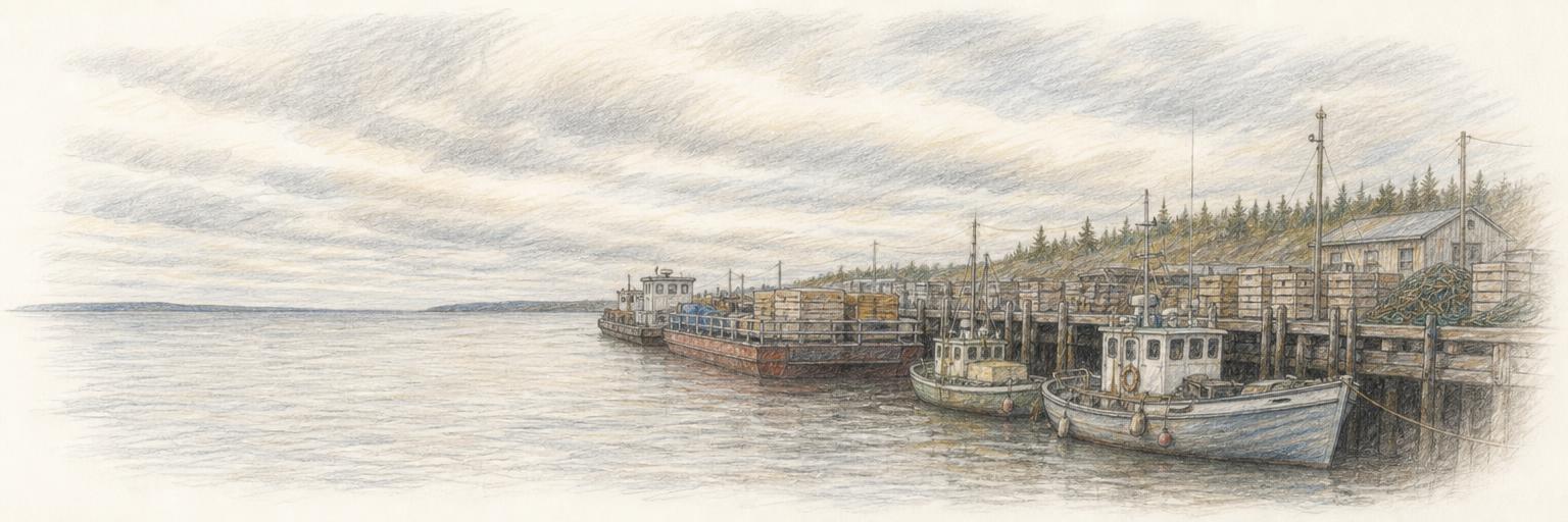 Hay River's working harbour on Great Slave Lake, with freight barges and small fishing boats along a wooden wharf and the flat lake stretching to a distant horizon.