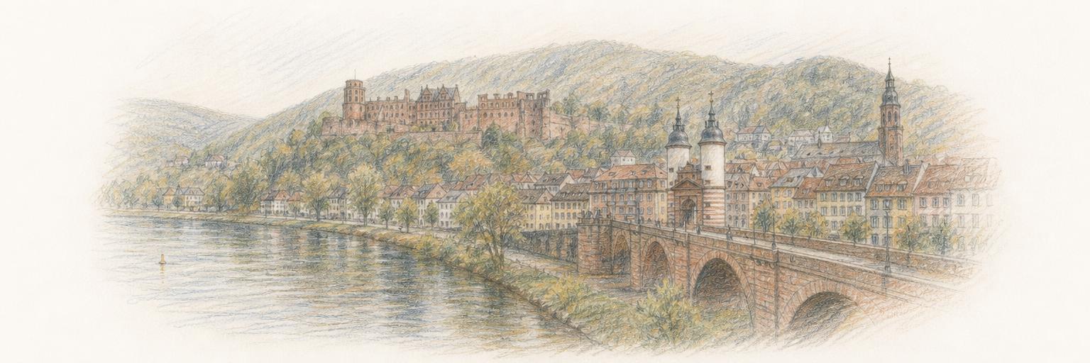 The old bridge over the Neckar, with Heidelberg's old town and the castle ruins above.
