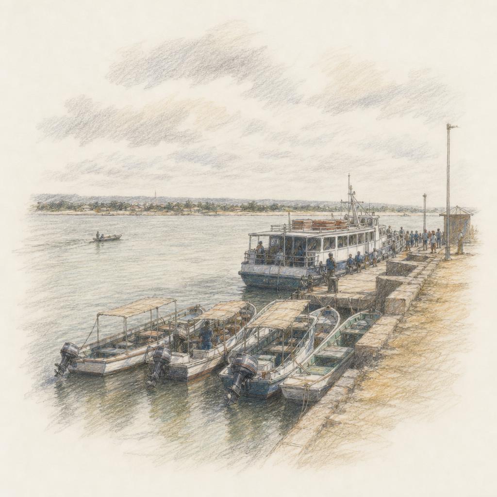 Esboço da ponte-cais de Inhambane, com barcos pequenos e uma embarcação maior encostados a carregar, e a baía a abrir para Maxixe ao fundo