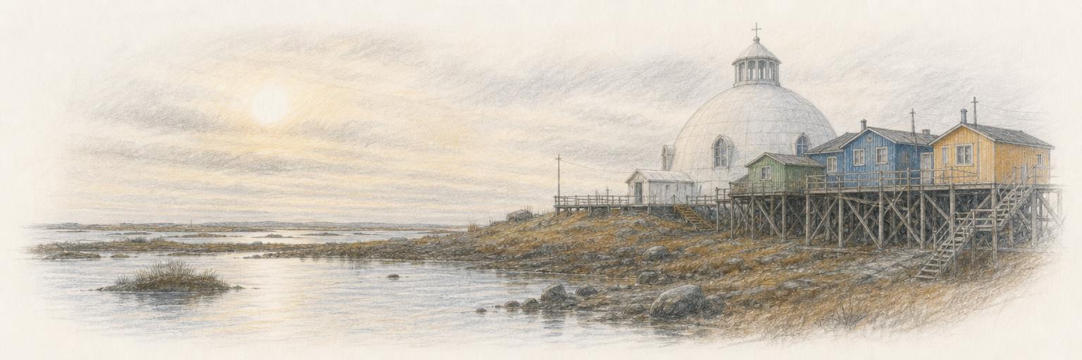 A colored-pencil sketch of Inuvik's dome-shaped Igloo Church among houses raised on wooden pilings above the Mackenzie Delta.