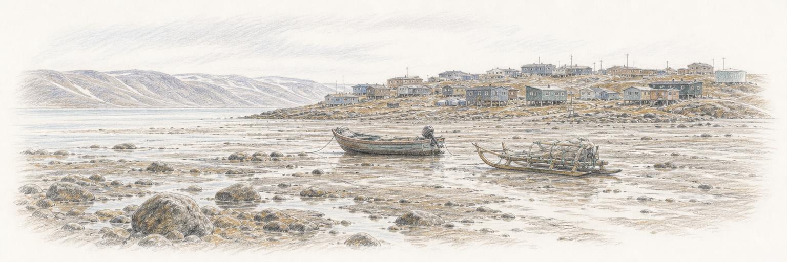 A quiet sketch of Iqaluit at the head of Frobisher Bay, with a small boat and a qamutik sled on the exposed tidal flats at low tide and the town's low buildings on the tundra behind.