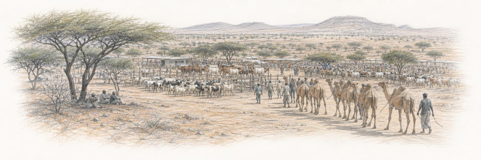 Isiolo's livestock market, where camels, goats and cattle are traded at the edge of the dry rangeland.