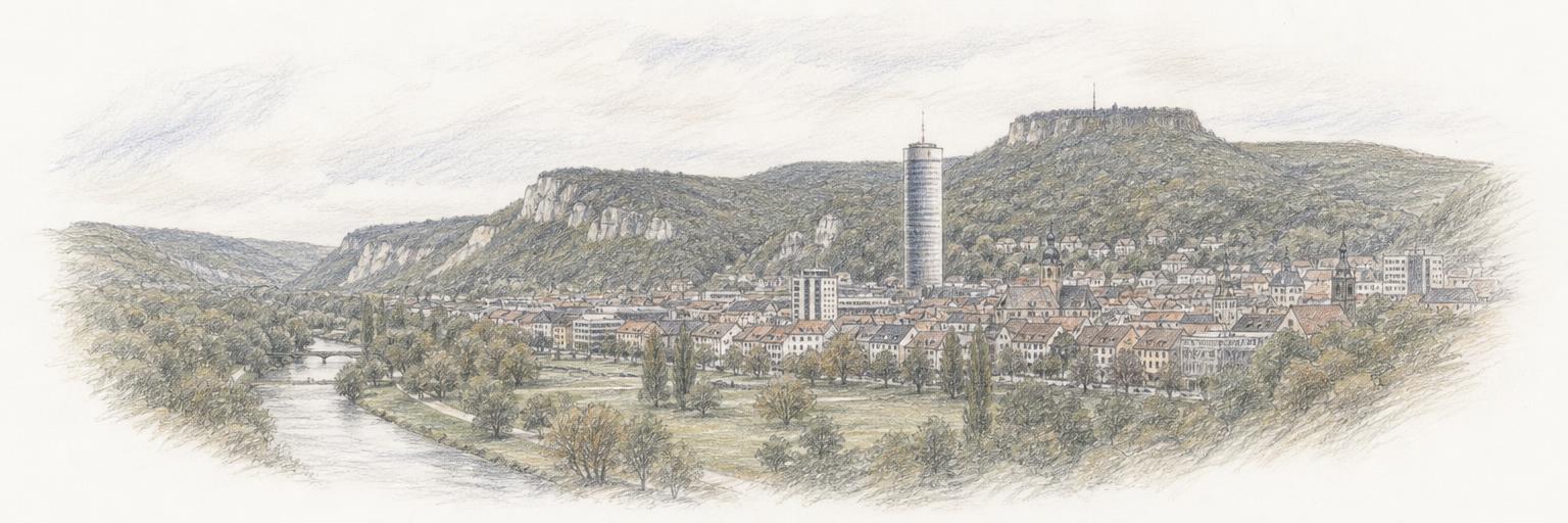 Farbstiftzeichnung von Jena im engen Saaletal mit den Altstadtdächern, dem hohen runden JenTower und den bewaldeten Muschelkalkhängen ringsum.