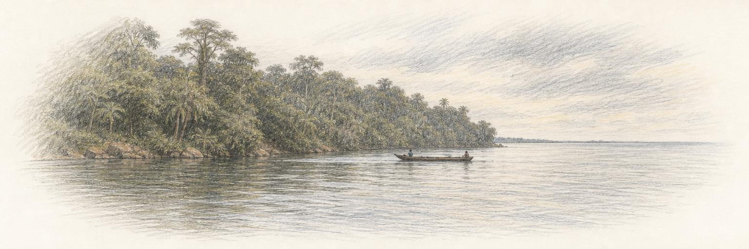 The White Nile leaving Lake Victoria at Jinja, with a wooden fishing canoe on the calm water beneath the forested bank.