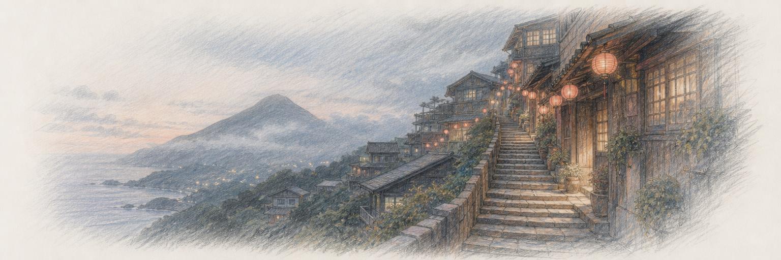 A colored-pencil sketch of Jiufen's Shuqi Road stone staircase climbing between wooden teahouses hung with red lanterns at dusk, with Keelung Mountain beyond.