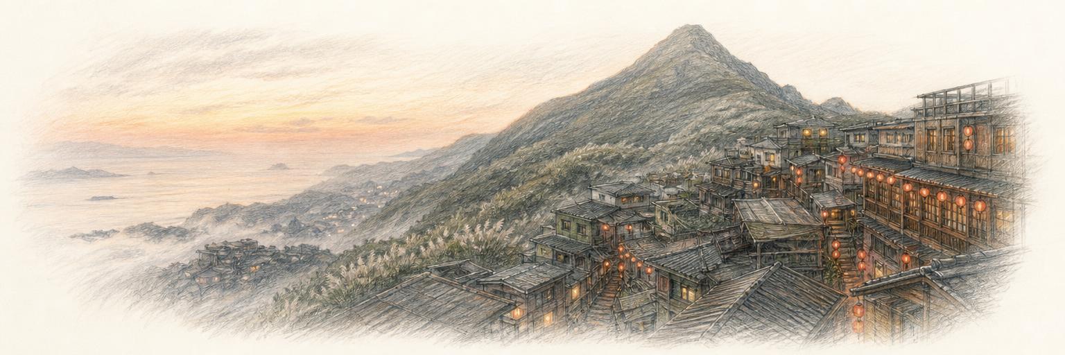 A colored-pencil panorama of Jiufen at dusk: lantern-hung rooftops stepping down the ridge beneath the cone of Keelung Mountain, with the misty Pacific coast stretching away to the left.