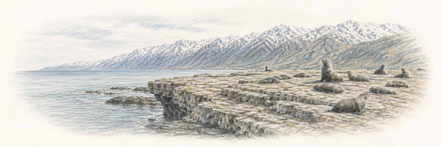 Fur seals resting on the uplifted rock shelf at Point Kean, with the snow-capped Seaward Kaikōura Range running along the horizon to the sea.