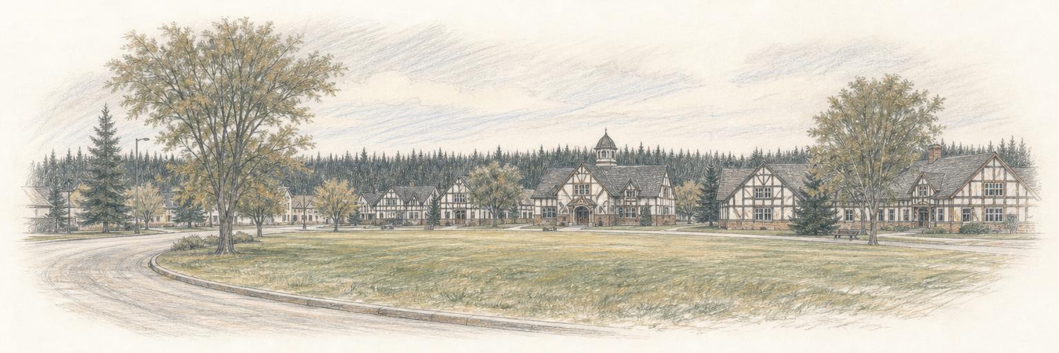 Le parc circulaire central du « Circle » de Kapuskasing, bordé de ses bâtiments civiques néo-Tudor à colombages, avec la forêt boréale d'épinettes noires au loin.