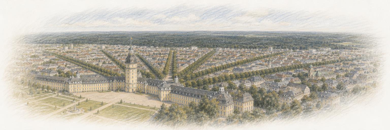 Farbstiftzeichnung vom Karlsruher Schloss mit seinem runden Turm, von dem die Straßen fächerförmig in die flache Stadt ausstrahlen, dahinter der Hardtwald.
