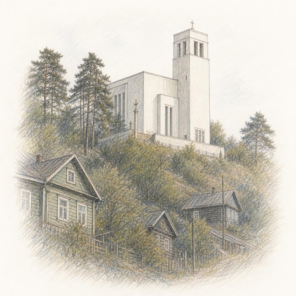 A sketch of the white modernist Church of the Resurrection of Christ standing on the Žaliakalnis hill above Kaunas.