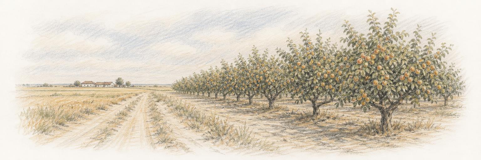 Apricot orchards in fruit on the sandy plain outside Kecskemét, rows stretching to a flat horizon.