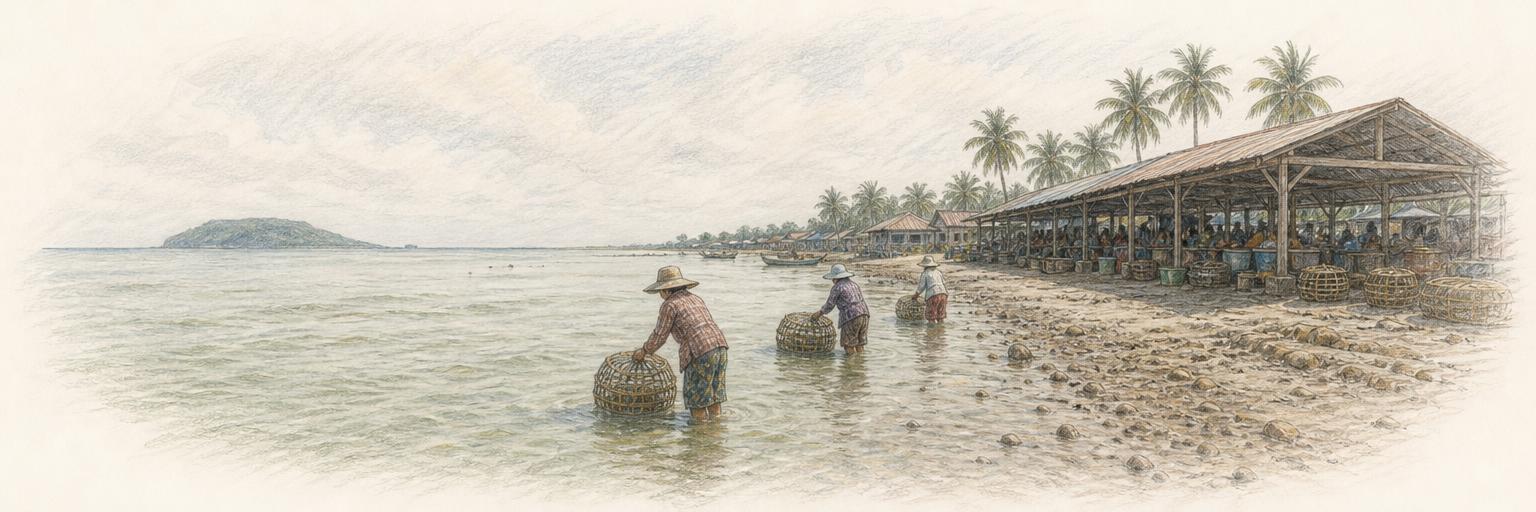 Women wading in the shallows off the Kep crab market lifting round woven crab pots from the sea, with the timber market pavilions and coconut palms to one side and Rabbit Island low on the Gulf of Thailand horizon.