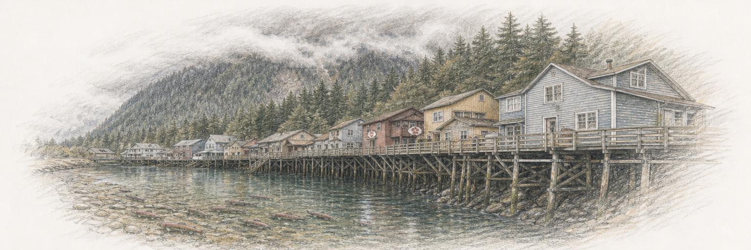 A sketch of Ketchikan's Creek Street, with salmon in the creek, wooden houses raised on pilings along the boardwalk, and the forested slope of Deer Mountain in the mist behind.