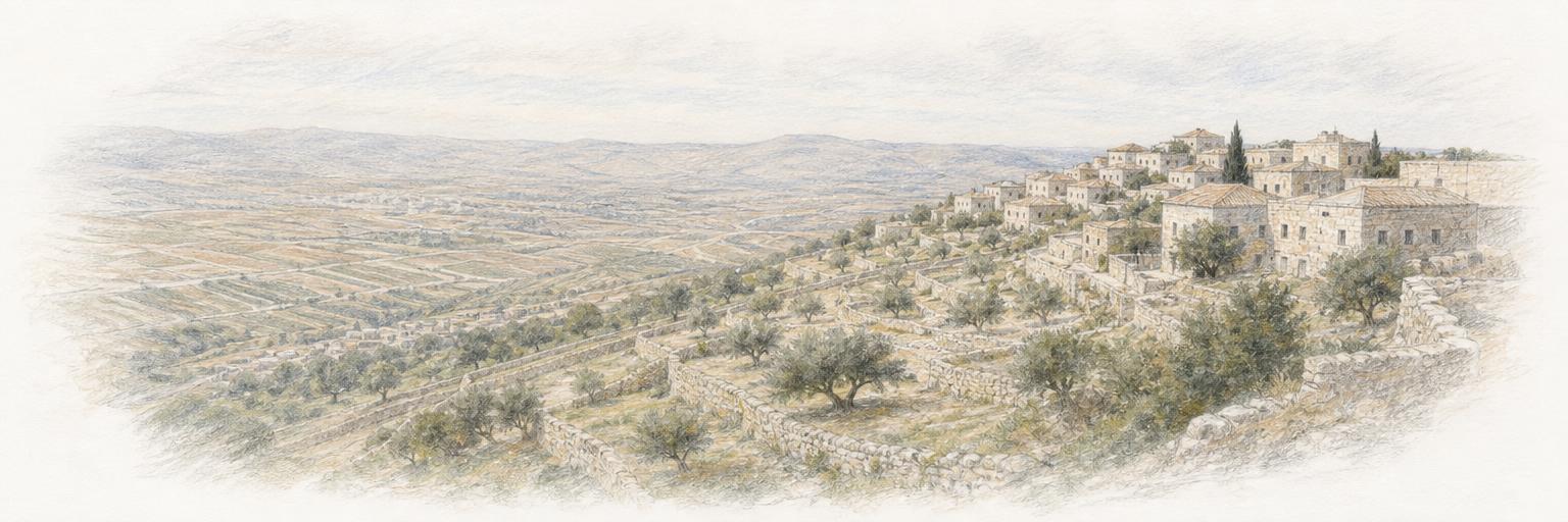 Terraced olive groves on the hillside above Khiam, with the village's stone rooftops on the ridge beyond.