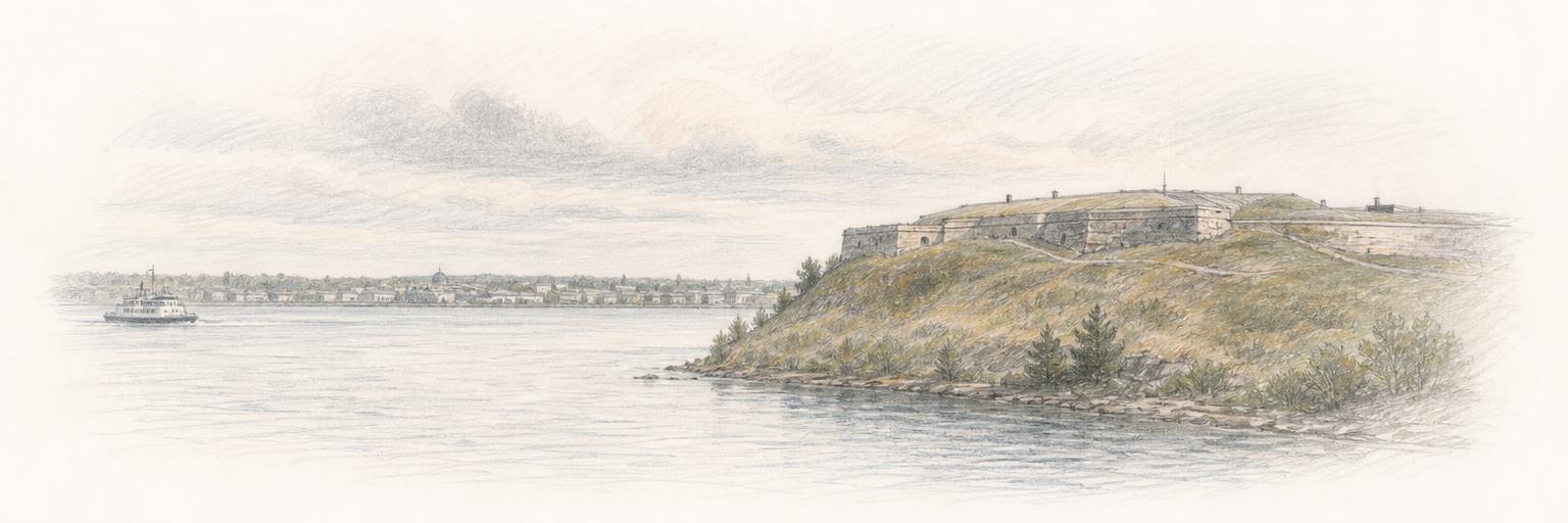 A colored-pencil sketch of Fort Henry's limestone ramparts on the hill above the water at Kingston, with the Wolfe Island ferry crossing in the distance.