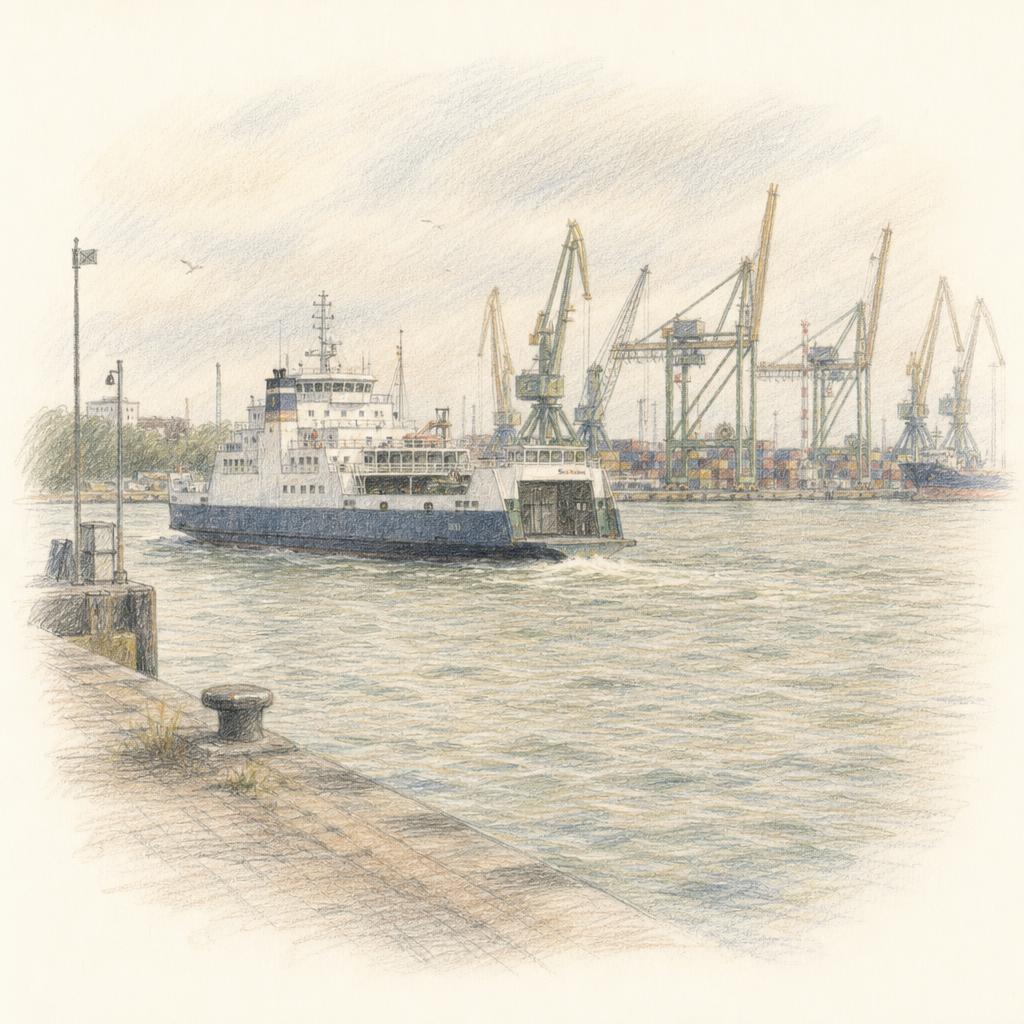 A sketch of the vehicle ferry crossing the Klaipėda strait, with the port's cranes behind it.