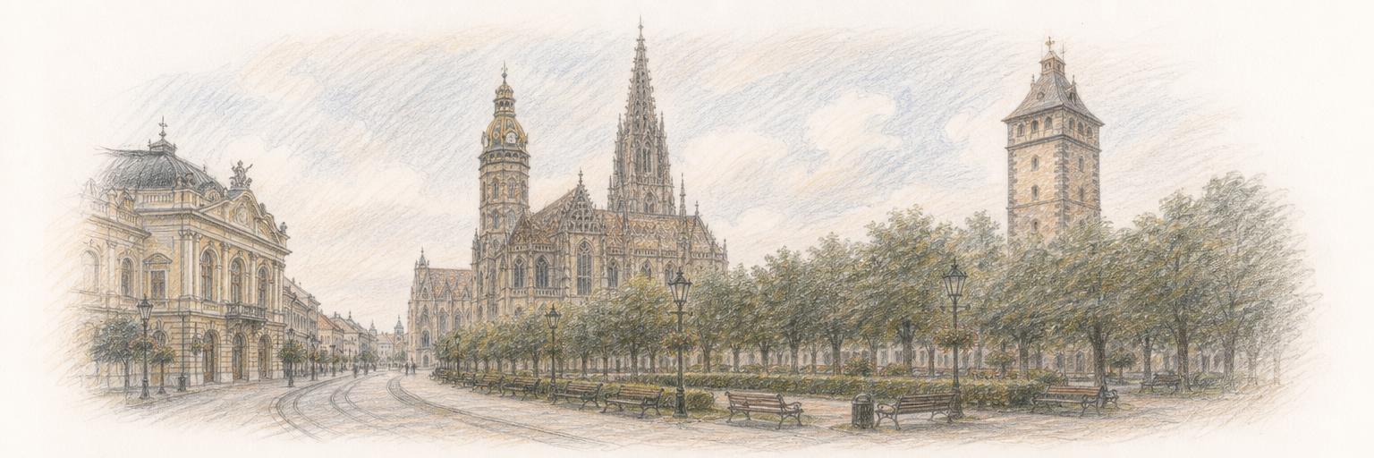 A colored-pencil sketch of Košice's St. Elizabeth Cathedral and the Urban Tower rising over the tree-lined Hlavná boulevard.