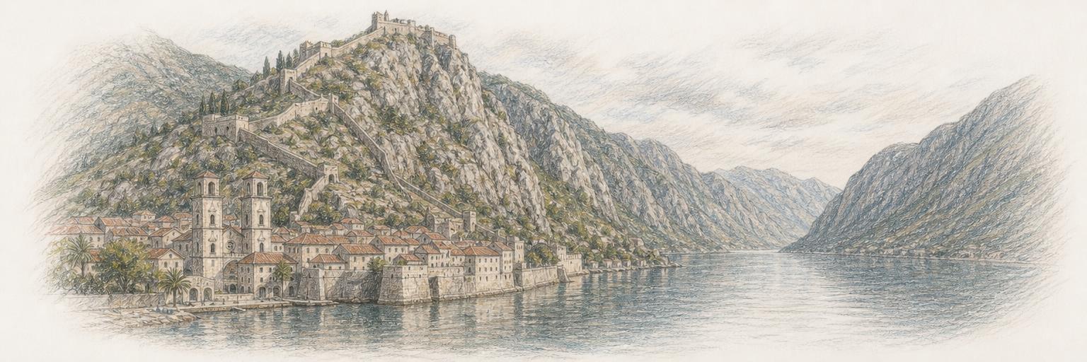A colored-pencil sketch of Kotor's walled old town by the bay, its Venetian ramparts climbing the steep hill to the fortress above.