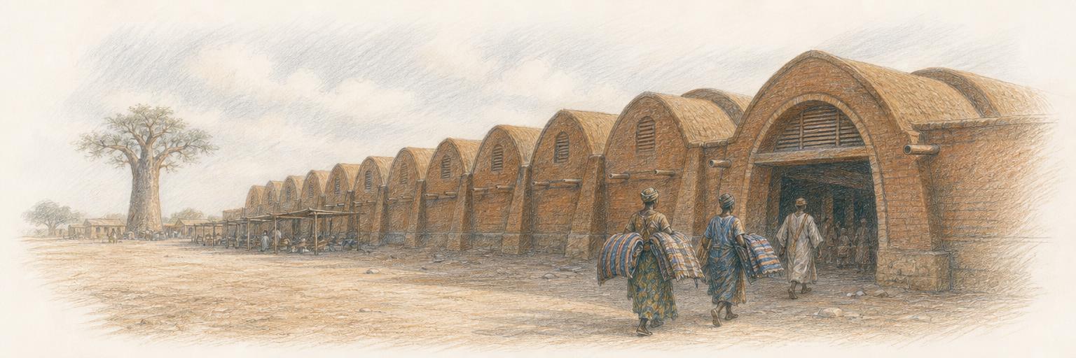 Les voûtes en terre ocre du grand marché central de Koudougou s'étirent sous un ciel sahélien voilé, un baobab au loin et quelques marchands portant des pagnes tissés vers l'entrée.